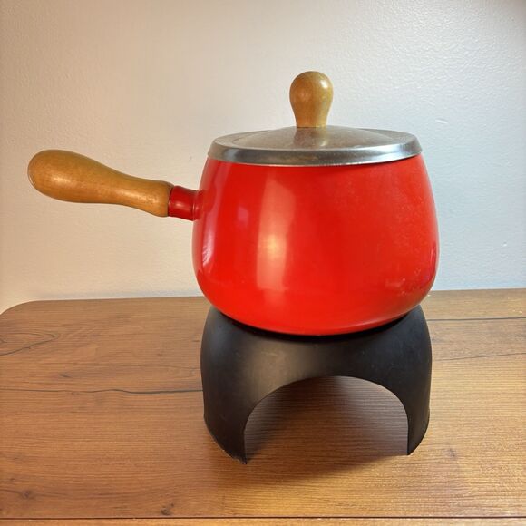 Vintage MCM 70's Red Fondue Pot and Stand Wooden Handle - Picture 1 of 10